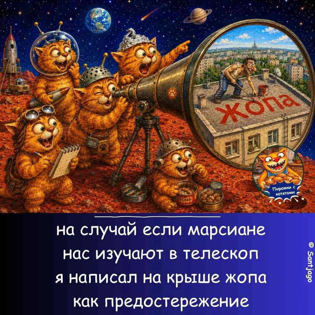 на случай если марсиане нас изучают в телескоп я написал на крыше жопа как предостережение. Жопа. Пирожки с котятами. © Santjago