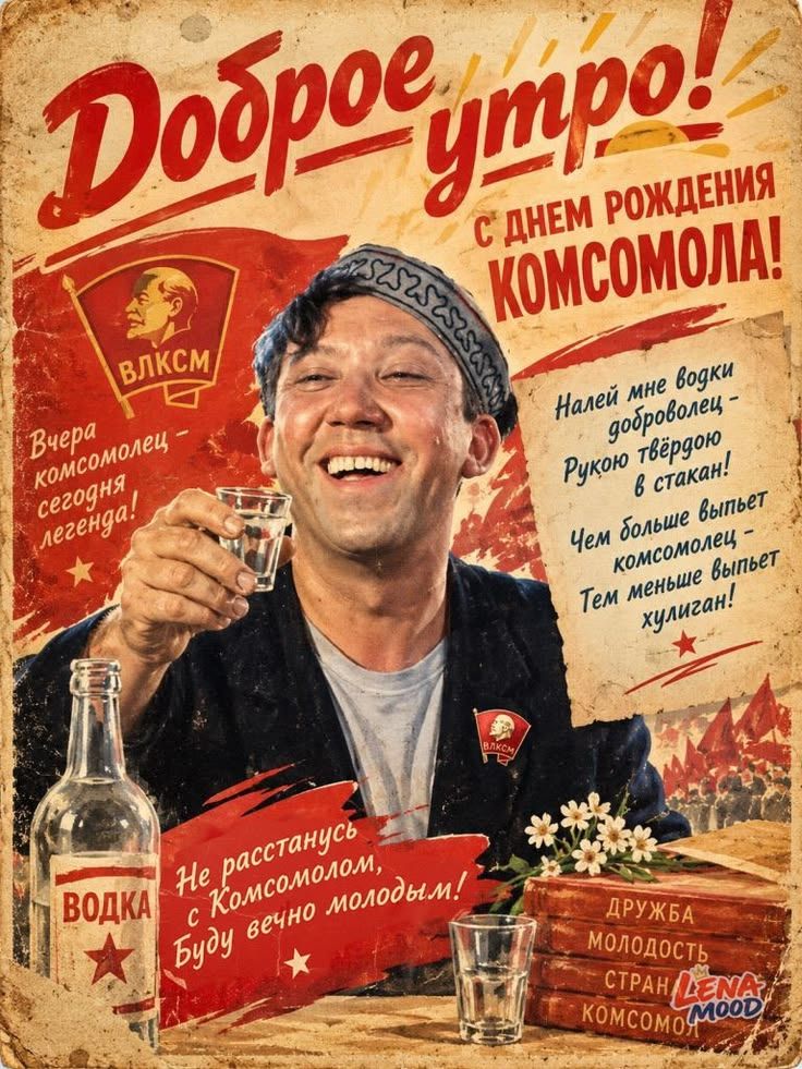 Доброе утро! С днем рождения комсомола! ВЛКСМ. Вчера комсомолец — сегодня легенда! Налей мне водки доброволец — Рукою твёрдою в стакан! Чем больше выпьет комсомолец — Тем меньше выпьет хулиган! Не расстанусь с Комсомолом, Буду вечно молодым! ДРУЖБА МОЛОДОСТЬ СТРАНА КОМСОМОЛ