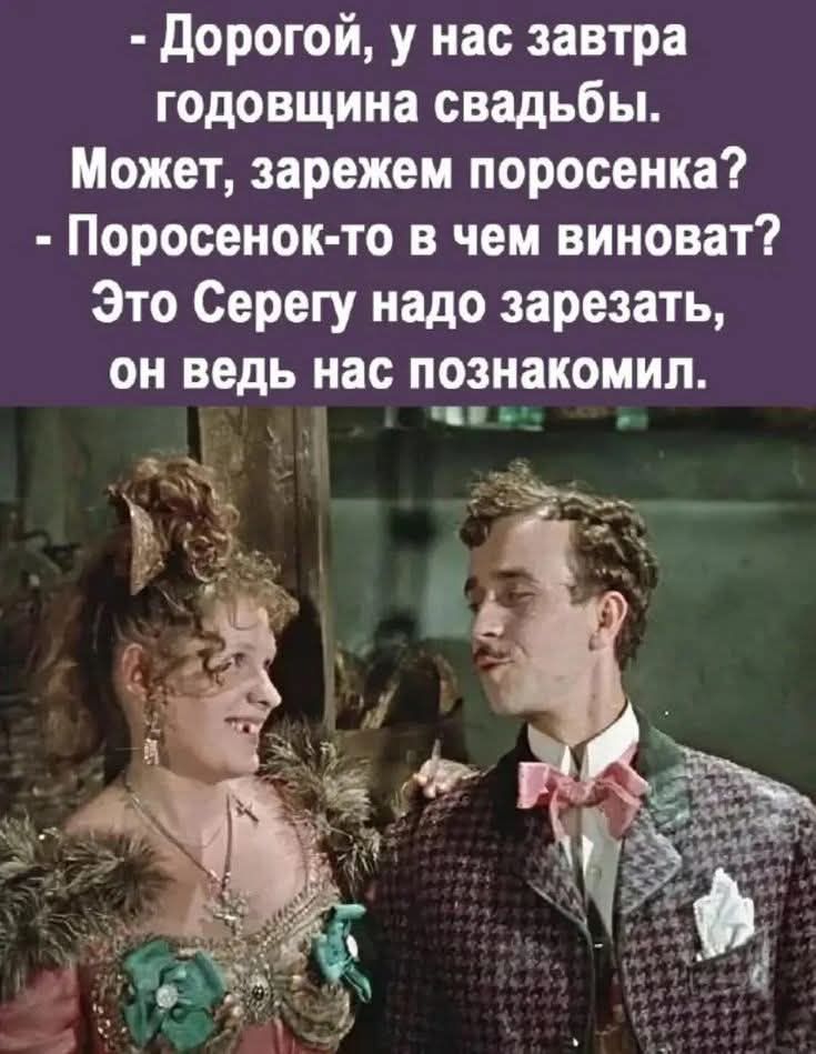 Дорогой, у нас завтра годовщина свадьбы. Может, зарежем поросенка? Поросенок-то в чем виноват? Это Серегу надо зарезать, он ведь нас познакомил.
