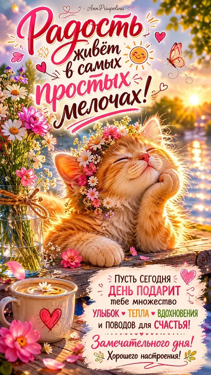 Радость живёт в самых простых мелочах! Ann Priupolina ПУСТЬ СЕГОДНЯ ДЕНЬ ПОДАРИТ тебе множество УЛЫБОК ТЕПЛА ВДОХНОВЕНИЯ и ПОВОДОВ для СЧАСТЬЯ! Замечательного дня! Хорошего настроения!