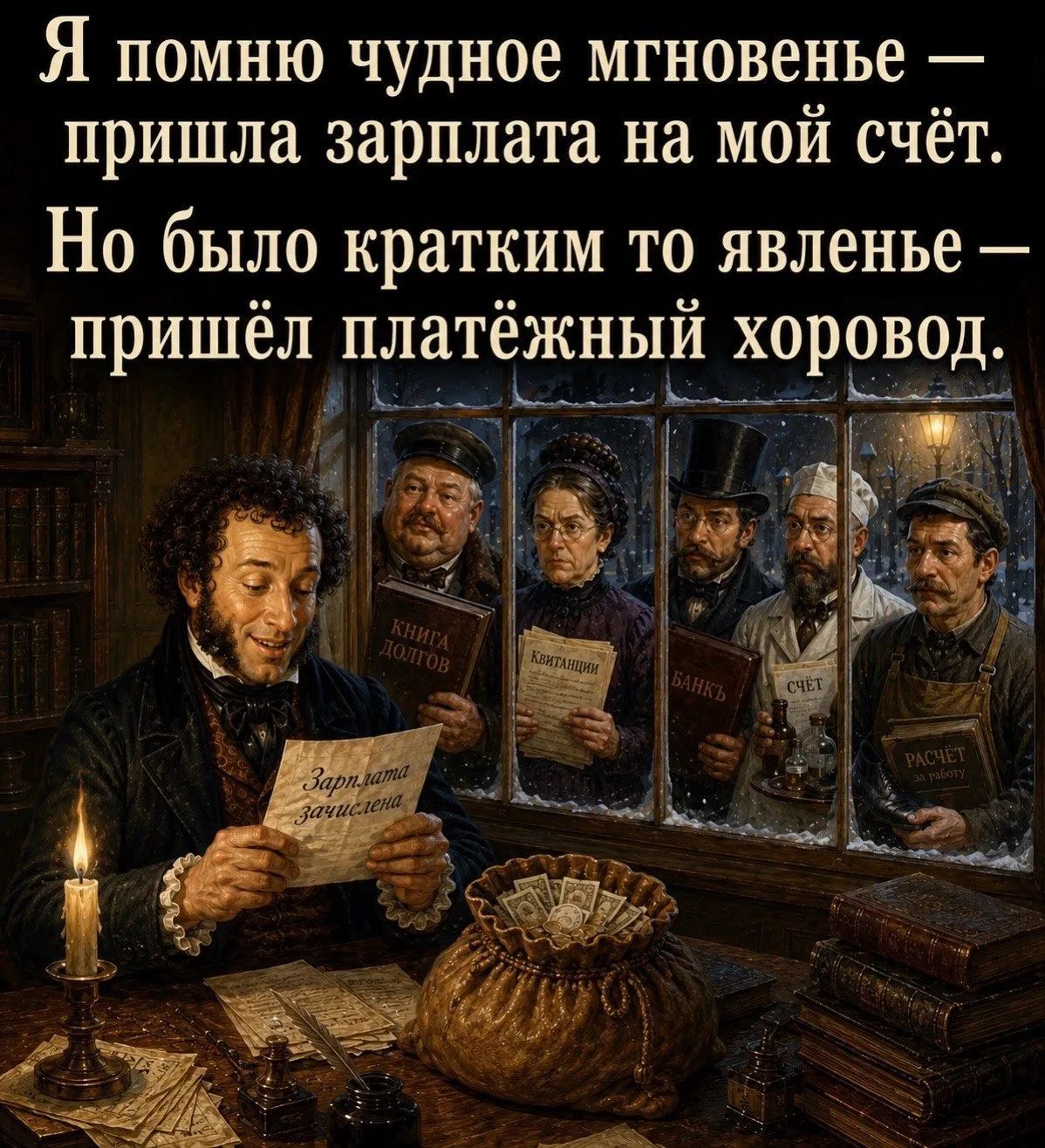 Я помню чудное мгновенье — пришла зарплата на мой счёт. Но было кратким то явленье — пришёл платёжный хоровод. Зарплата зачислена. КНИГА ДОЛГОВ. КВИТАНЦИИ. БАНКЪ. СЧЁТ. РАСЧЁТ за работу.