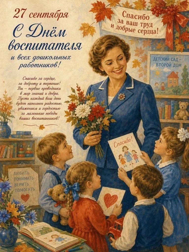 27 сентября С Днём воспитателя и всех дошкольных работников! Спасибо за ваш труд и добрые сердца! Спасибо за сердце, за доброту и терпение! Вы — первые проводники в мир знаний и добра. Пусть каждый ваш день будет наполнен радостью, уважением и гордостью за маленькие победы ваших воспитанников! Детский сад - второй дом. Любить, понимать, верить,