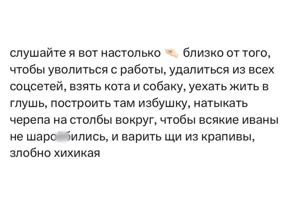 слушайте я вот настолько близко от того, чтобы уволиться с работы, удалиться из всех соцсетей, взять кота и собаку, уехать жить в глушь, построить там избушку, натыкать черепа на столбы вокруг, чтобы всякие иваны не шаробились, и варить щи из крапивы, злобно хихикая
