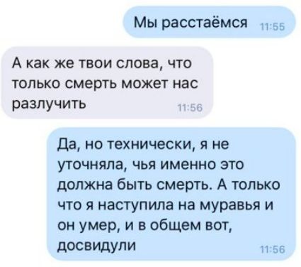 Мы расстаемся. А как же твои слова, что только смерть может нас разлучить. Да, но технически, я не уточняла, чья именно это должна быть смерть. А только что я наступила на муравья и он умер, и в общем вот, досвидули