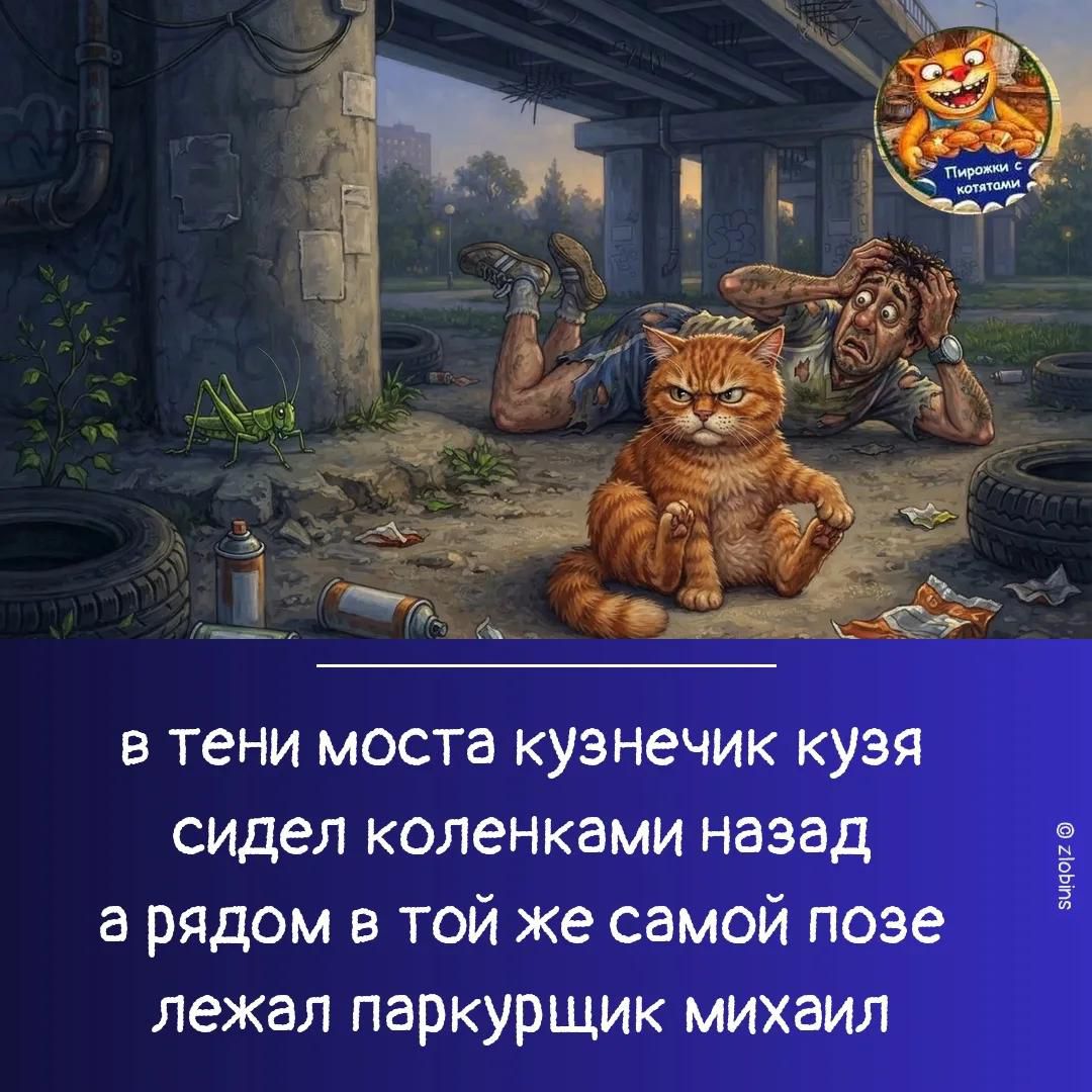 в тени моста кузнечик кузя сидел коленками назад а рядом в той же самой позе лежал паркурщик михаил