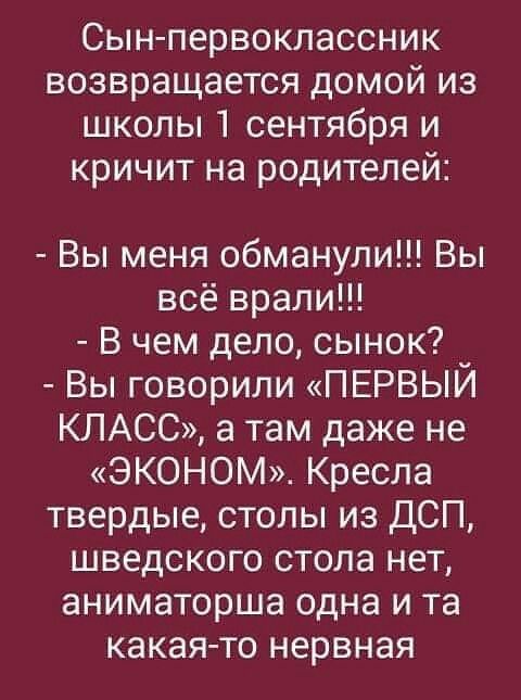 Сын-первоклассник возвращается домой из школы 1 сентября и кричит на родителей: - Вы меня обманули!!! Вы всё врали!! - В чем дело, сынок? - Вы говорили «ПЕРВЫЙ КЛАСС», а там даже не «ЭКОНОМ». Кресла твердые, столы из ДСП, шведского стола нет, аниматорша одна и та какая-то нервная