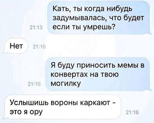 Кать, ты когда нибудь задумывалась, что будет если ты умрешь? 21:13 Нет 21:16 Я буду приносить мемы в конвертах на твою могилку 21:16 Услышишь вороны каркают - это я ору 21:16