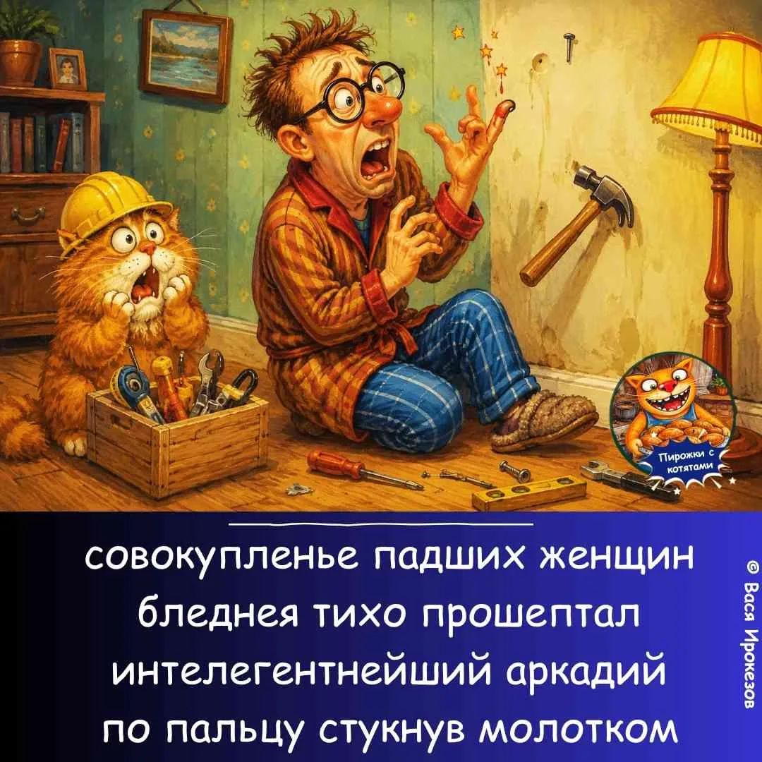совокупленье падших женщин бледнея тихо прошептал интелегентнейший аркадий по пальцу стукнув молотком Пирожки с котятами © Вася Ирокезов