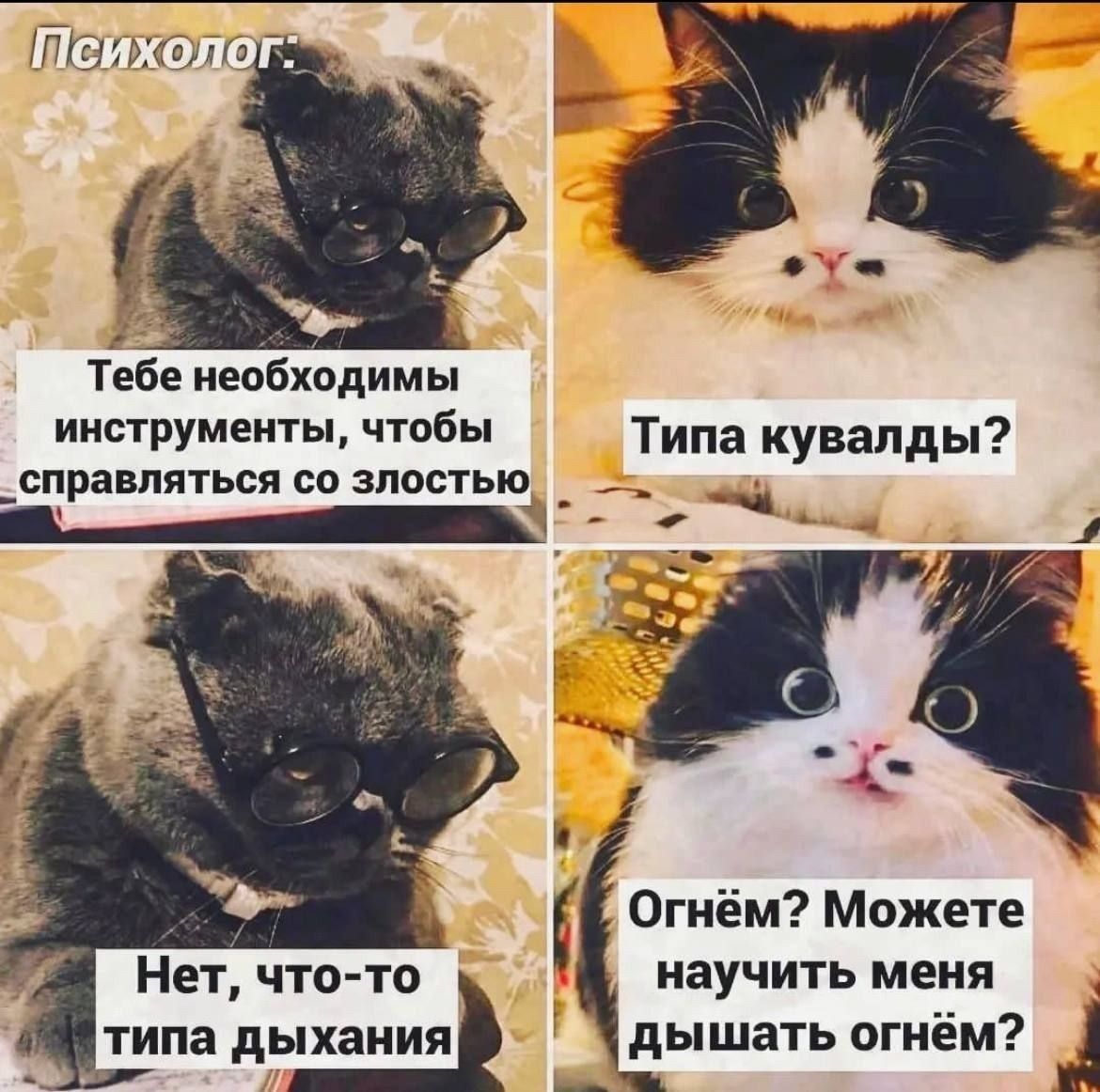 Психолог: Тебе необходимы инструменты, чтобы справляться со злостью. Типа кувалды? Нет, что-то типа дыхания. Огнём? Можете научить меня дышать огнём?