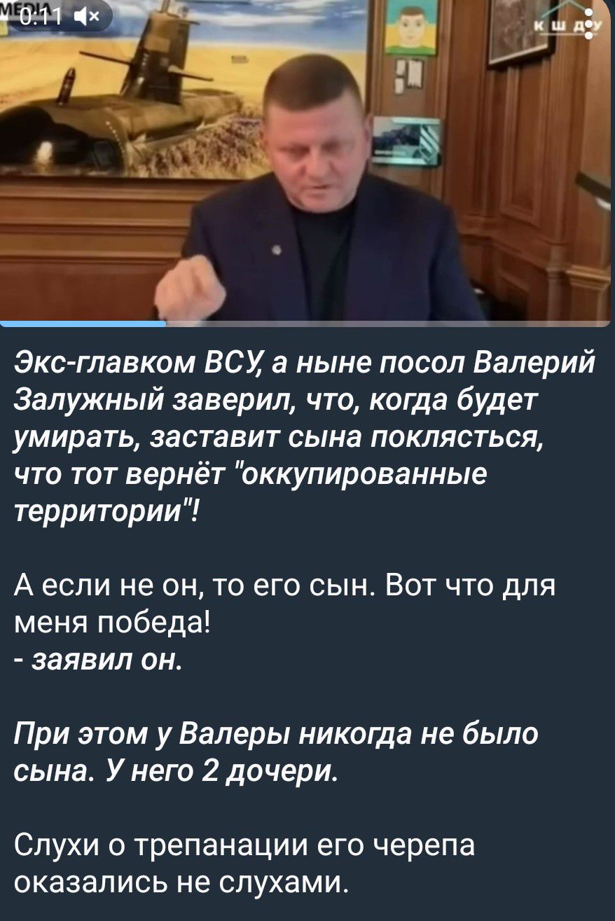 Экс-главком ВСУ, а ныне посол Валерий Залужный заверил, что, когда будет умирать, заставит сына поклясться, что тот вернёт 