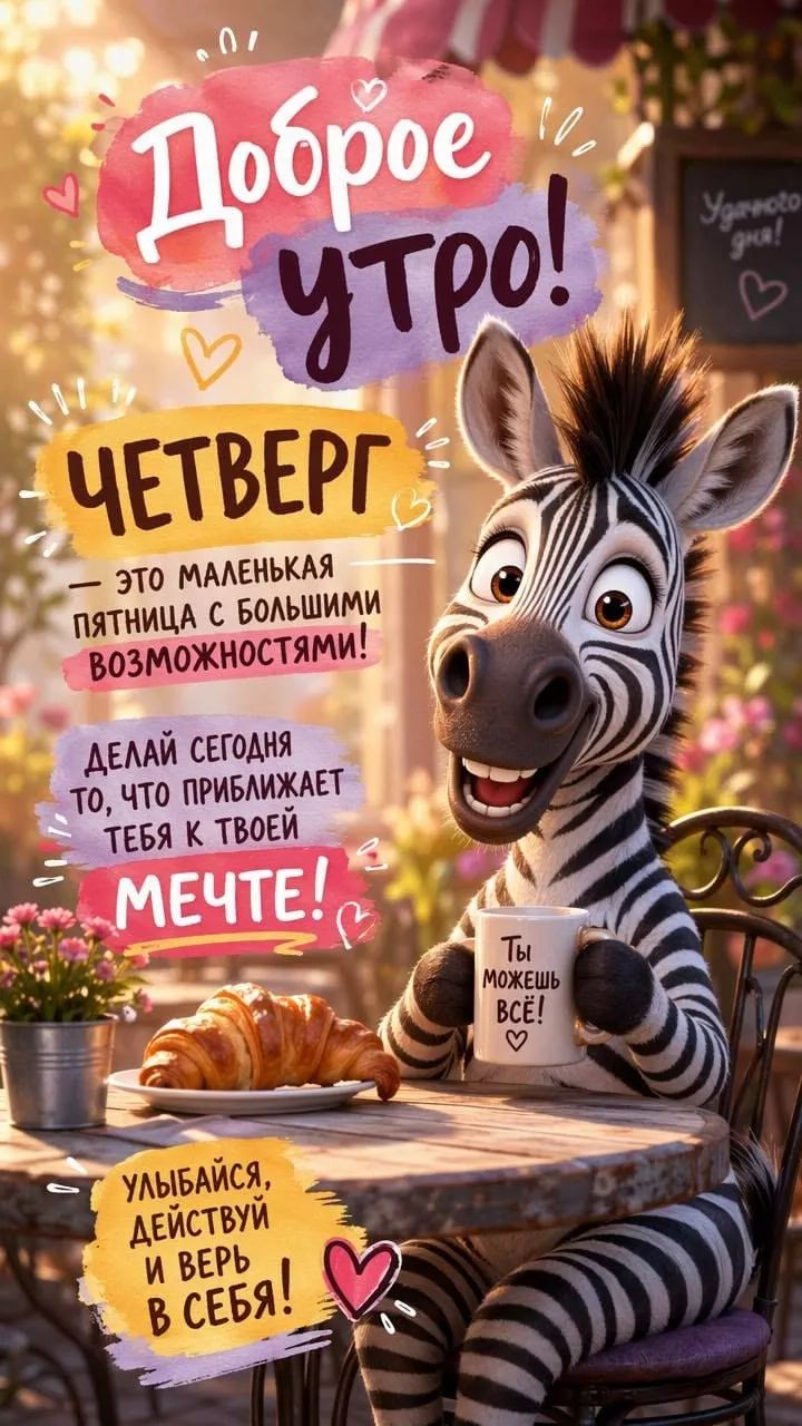 Доброе утро! Четверг — это маленькая пятница с большими возможностями! Делай сегодня то, что приближает тебя к твоей мечте! Улыбайся, действуй и верь в себя!