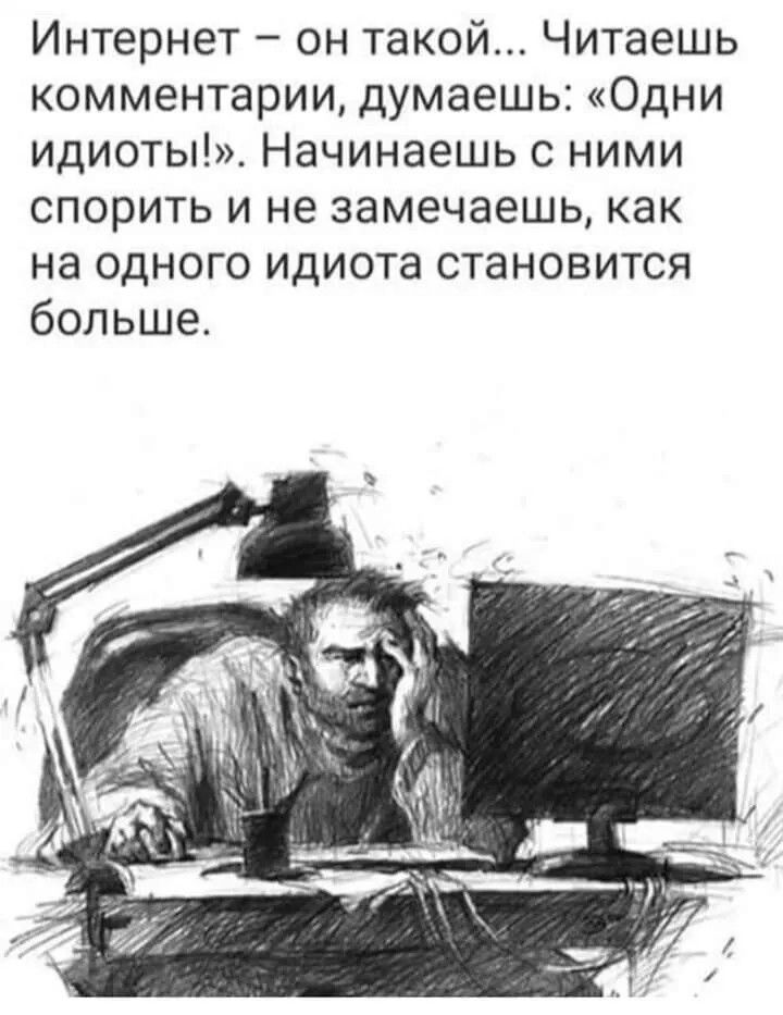 Интернет – он такой... Читаешь комментарии, думаешь: «Одни идиоты!». Начинаешь с ними спорить и не замечаешь, как на одного идиота становится больше.
