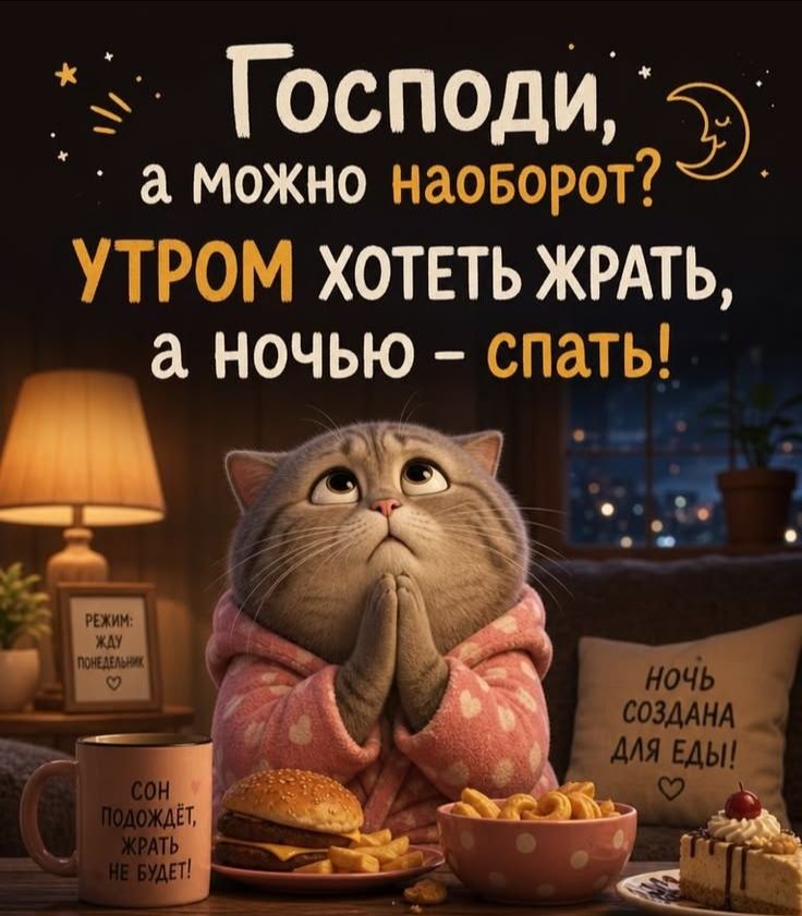 Господи, а можно наоборот? Утром хотеть жрать, а ночью - спать! Режим: жду понедельник. Сон подождёт, жрать не будет! Ночь создана для еды!