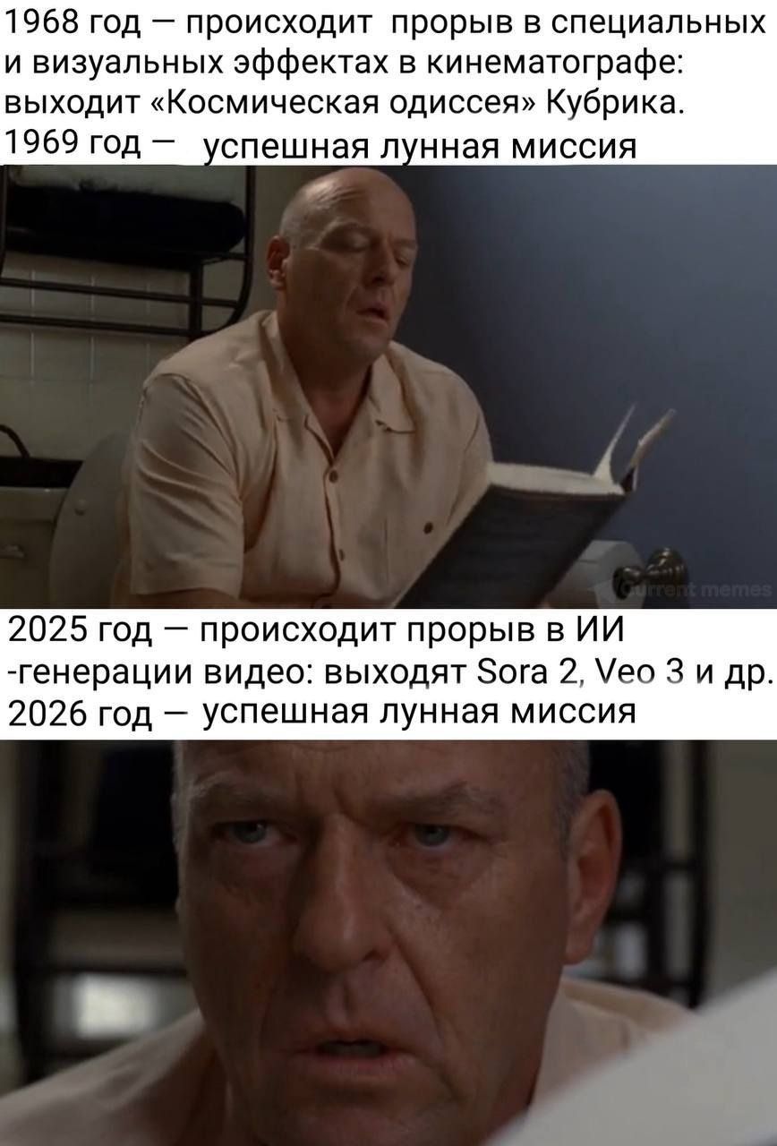 1968 год — происходит прорыв в специальных и визуальных эффектах в кинематографе: выходит «Космическая одиссея» Кубрика. 1969 год — успешная лунная миссия
2025 год — происходит прорыв в ИИ -генерации видео: выходят Sora 2, Veo 3 и др. 2026 год — успешная лунная миссия