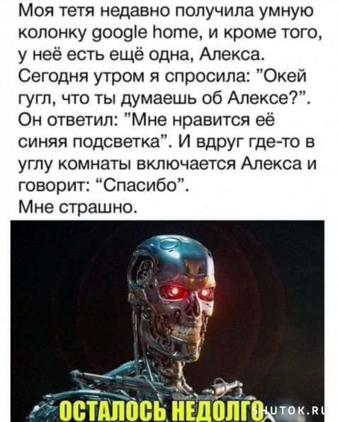 Моя тетя недавно получила умную колонку google home, и кроме того, у неё есть ещё одна, Алекса. Сегодня утром я спросила: 
