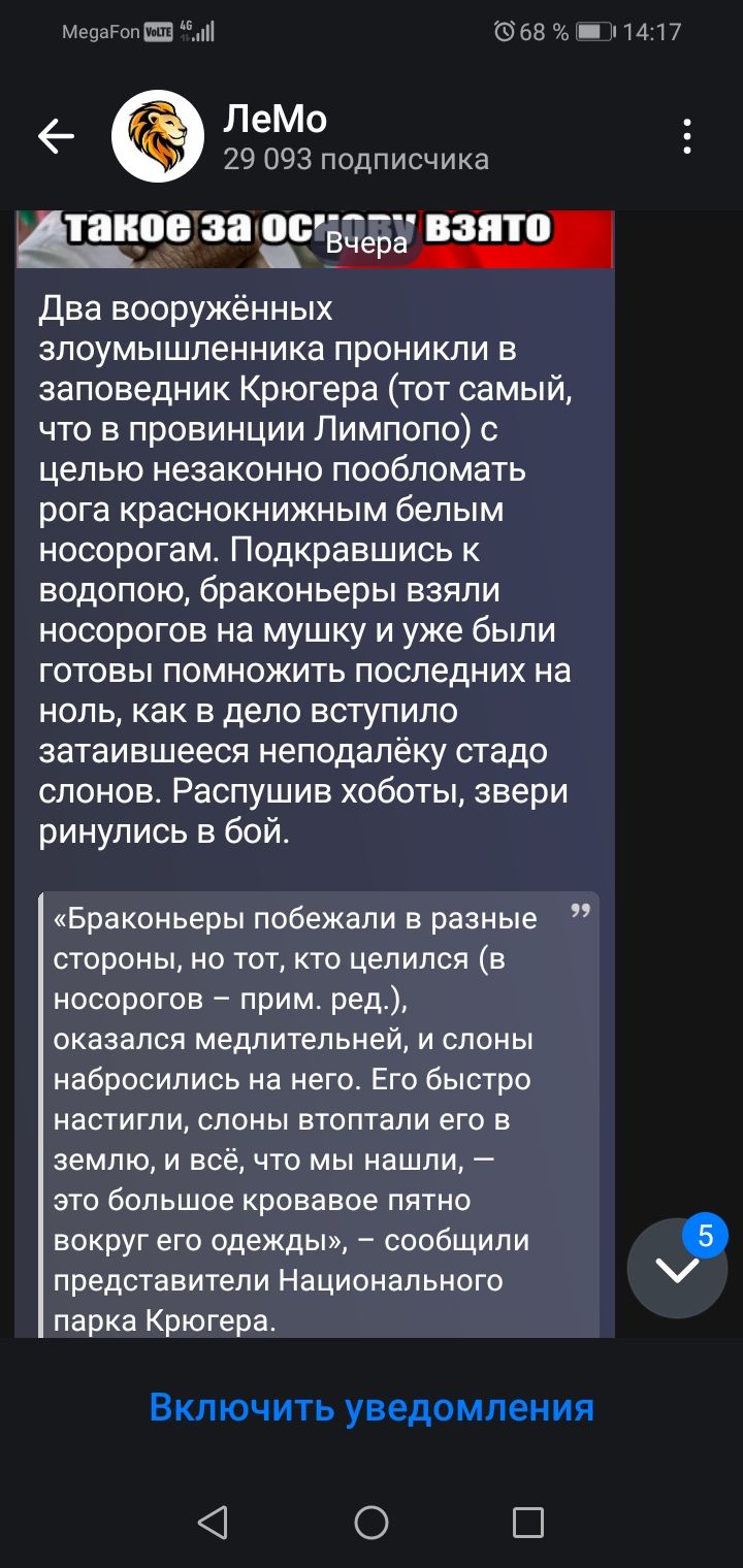 Два вооружённых злоумышленника проникли в заповедник Крюгера (тот самый, что в провинции Лимпопо) с целью незаконно пообломать рога краснокнижным белым носорогам. Подкравшись к водопою, браконьеры взяли носорогов на мушку и уже были готовы помножить последних на ноль, как в дело вступило затаившееся неподалёку стадо слонов. Распушив хоботы, звери