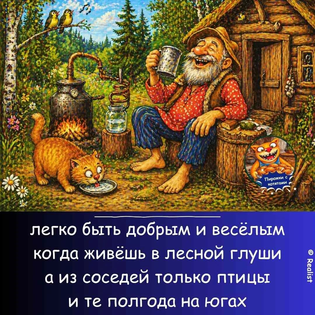 легко быть добрым и весёлым когда живёшь в лесной глуши а из соседей только птицы и те полгода на югах