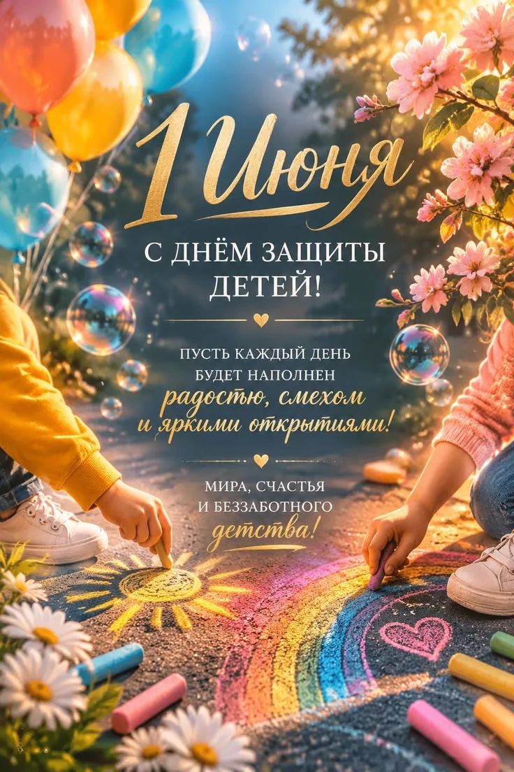 1 Июня С днём защиты детей! Пусть каждый день будет наполнен радостью, смехом и яркими открытиями! Мира, счастья и беззаботного детства!
