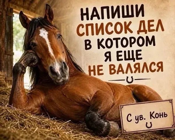 НАПИШИ СПИСОК ДЕЛ В КОТОРОМ Я ЕЩЕ НЕ ВАЛЯЛСЯ С ув. Конь