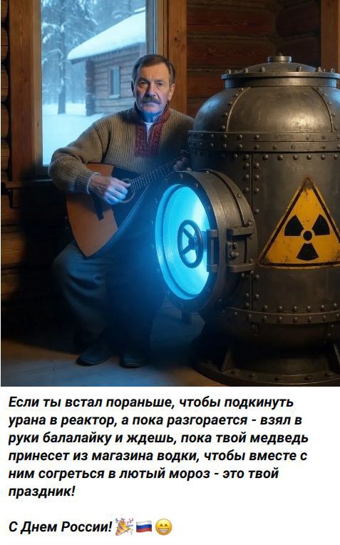 Если ты встал пораньше, чтобы подкинуть урана в реактор, а пока разгорается - взял в руки балалайку и ждешь, пока твой медведь принесет из магазина водки, чтобы вместе с ним согреться в лютый мороз - это твой праздник! С Днем России! 🥳🇷🇺😊