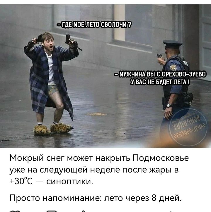 - ГДЕ МОЕ ЛЕТО СВОЛОЧИ ?
- МУЖЧИНА ВЫ С ОРЕХОВО-ЗУЕВО У ВАС НЕ БУДЕТ ЛЕТА !
Мокрый снег может накрыть Подмосковье уже на следующей неделе после жары в +30°С — синоптики.
Просто напоминание: лето через 8 дней.