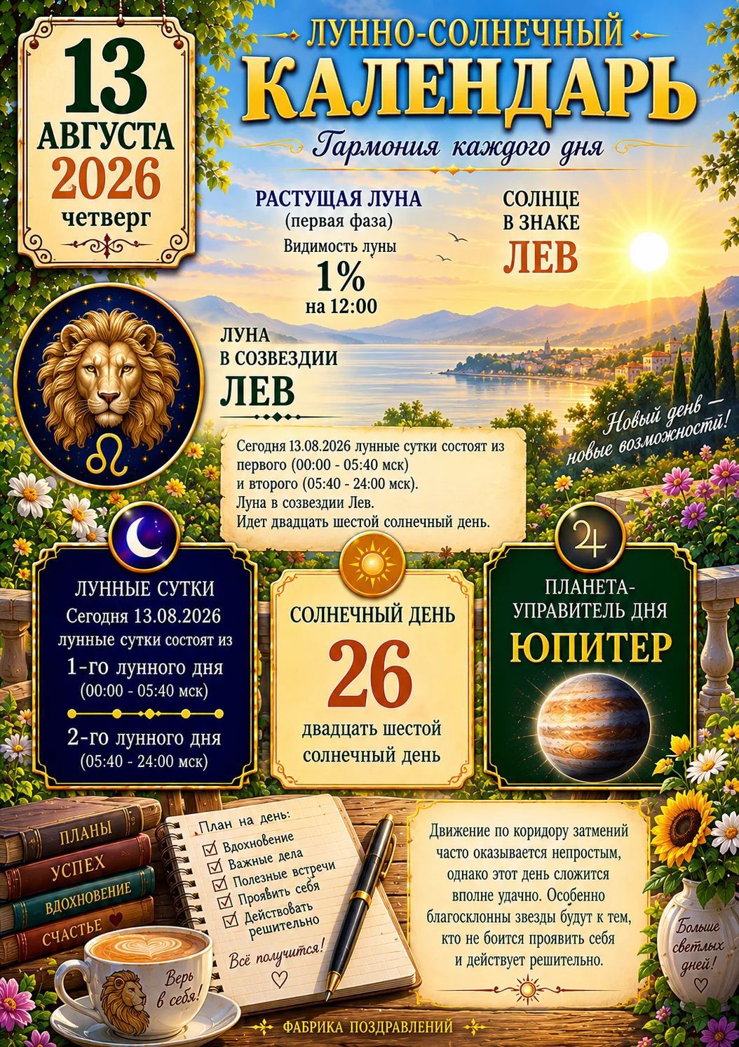 13 августа 2026, четверг. Лунно-солнечный календарь. Гармония каждого дня. Растущая луна (первая фаза), видимость луны 1% на 12:00. Солнце в знаке Лев. Луна в созвездии Лев. Сегодня 13.08.2026 лунные сутки состоят из первого (00:00 - 05:40 мск) и второго (05:40 - 24:00 мск). Луна в созвездии Лев. Идет двадцать шестой солнечный день. Новый день –