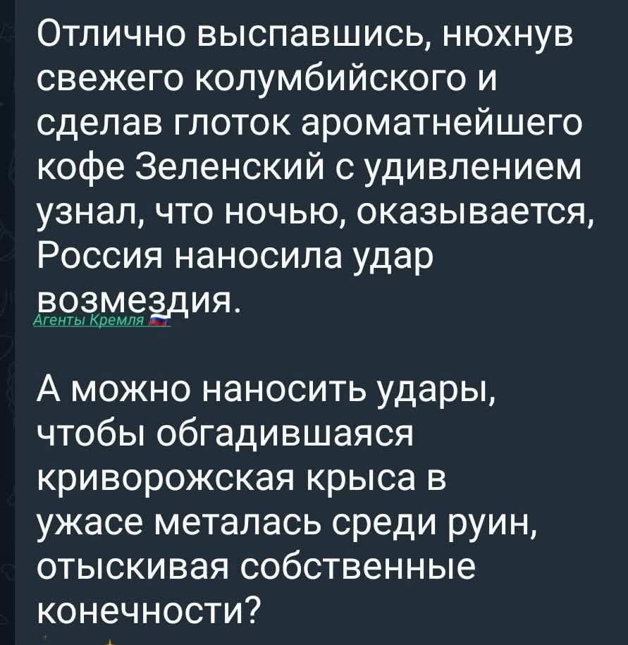 Отлично выспавшись, нюхнув свежего колумбийского и сделав глоток ароматнейшего кофе Зеленский с удивлением узнал, что ночью, оказывается, Россия наносила удар возмездия. Агенты Кремля. А можно наносить удары, чтобы обгадившаяся криворожская крыса в ужасе металась среди руин, отыскивая собственные конечности?