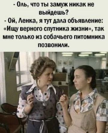 - Оль, что ты замуж никак не выйдешь?
- Ой, Ленка, я тут дала объявление: «Ищу верного спутника жизни», так мне только из собачьего питомника позвонили.