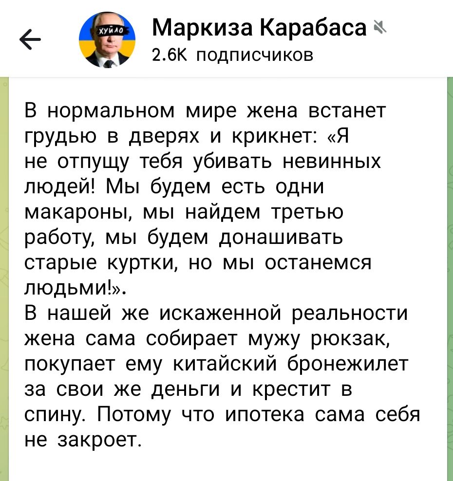 В нормальном мире жена встанет грудью в дверях и крикнет: «Я не отпущу тебя убивать невинных людей! Мы будем есть одни макароны, мы найдем третью работу, мы будем донашивать старые куртки, но мы останемся людьми!». В нашей же искаженной реальности жена сама собирает мужу рюкзак, покупает ему китайский бронежилет за свои же деньги и крестит в