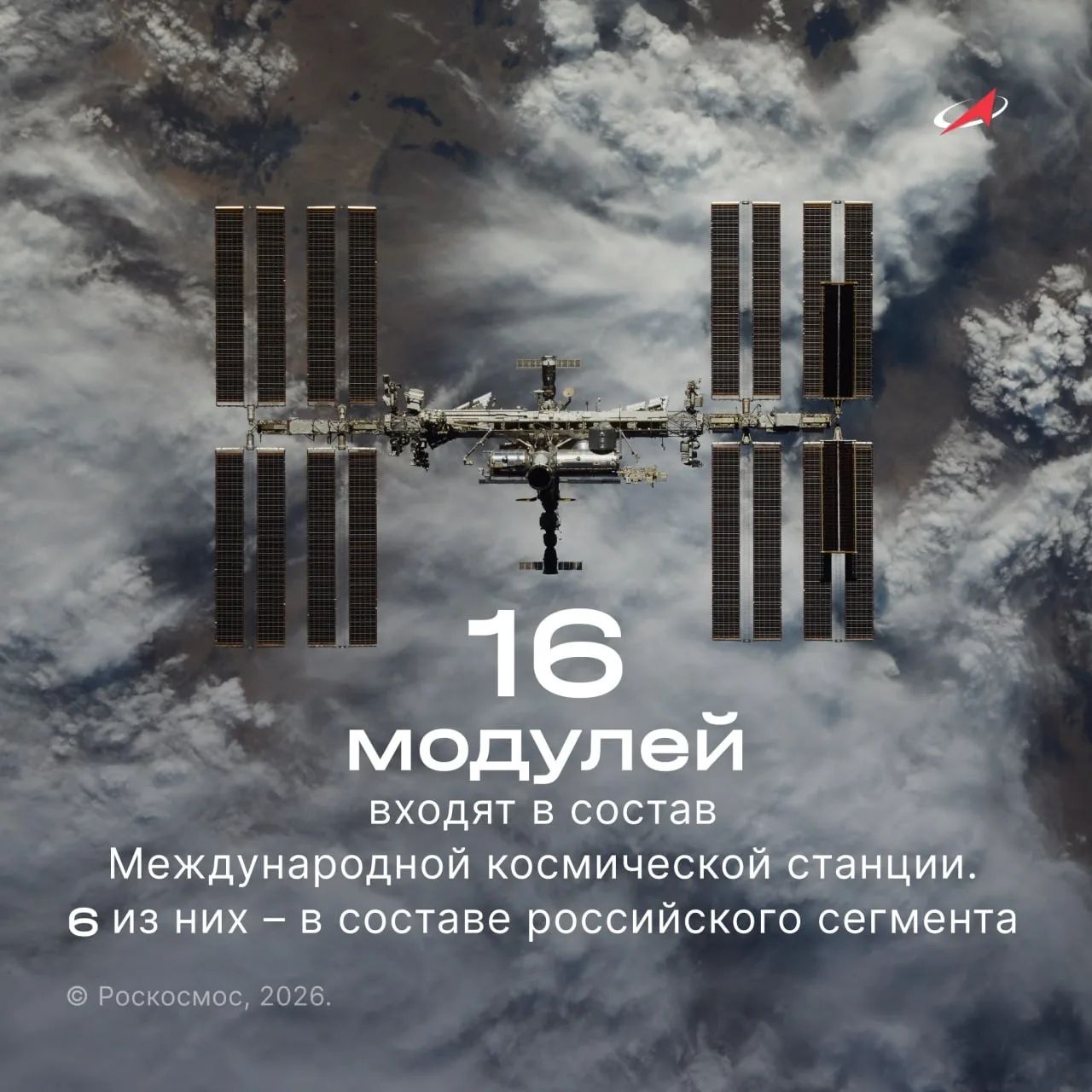 16 модулей входят в состав Международной космической станции. 6 из них – в составе российского сегмента. © Роскосмос, 2026.