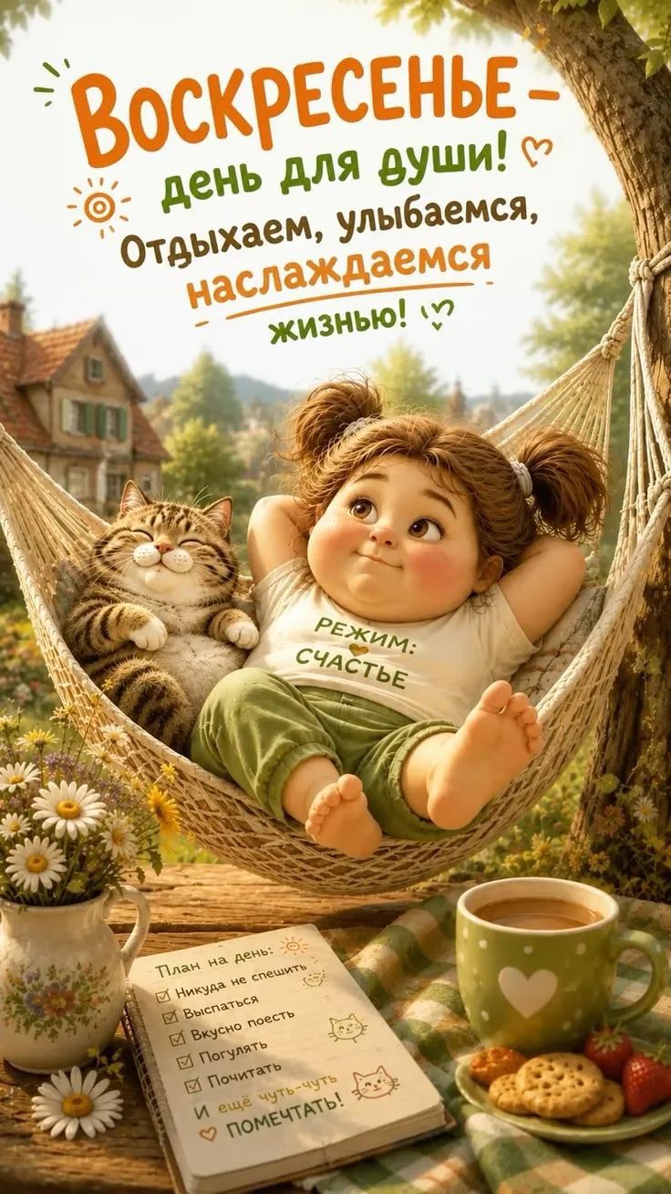 ВОСКРЕСЕНЬЕ - день для души! Отдыхаем, улыбаемся, наслаждаемся жизнью! РЕЖИМ: СЧАСТЬЕ План на день: Никуда не спешить Выспаться Вкусно поесть Погулять Почитать И ещё чуть-чуть ПОМЕЧТАТЬ!