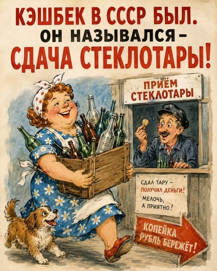 Кэшбек в СССР был. Он назывался — Сдача стеклотары! Приём стеклотары. Сдал тару — получил деньги! Мелочь, а приятно! Копейка рубль бережёт!