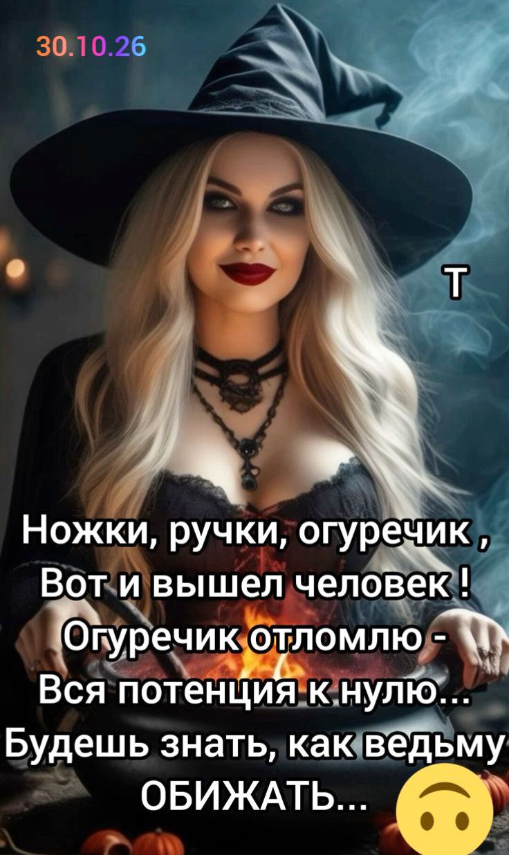 30.10.26 T Ножки, ручки, огуречик, Вот и вышел человек! Огуречик отломлю - Вся потенция к нулю... Будешь знать, как ведьму ОБИЖАТЬ...