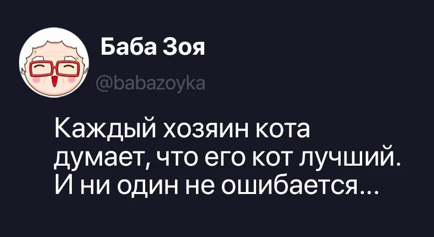 Баба Зоя @babazoyka Каждый хозяин кота думает, что его кот лучший. И ни один не ошибается...