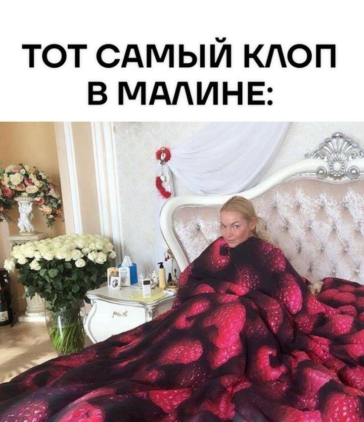 ТОТ САМЫЙ КЛОП В МАЛИНЕ: Женщина лежит в кровати, укрытая одеялом с рисунком малины.