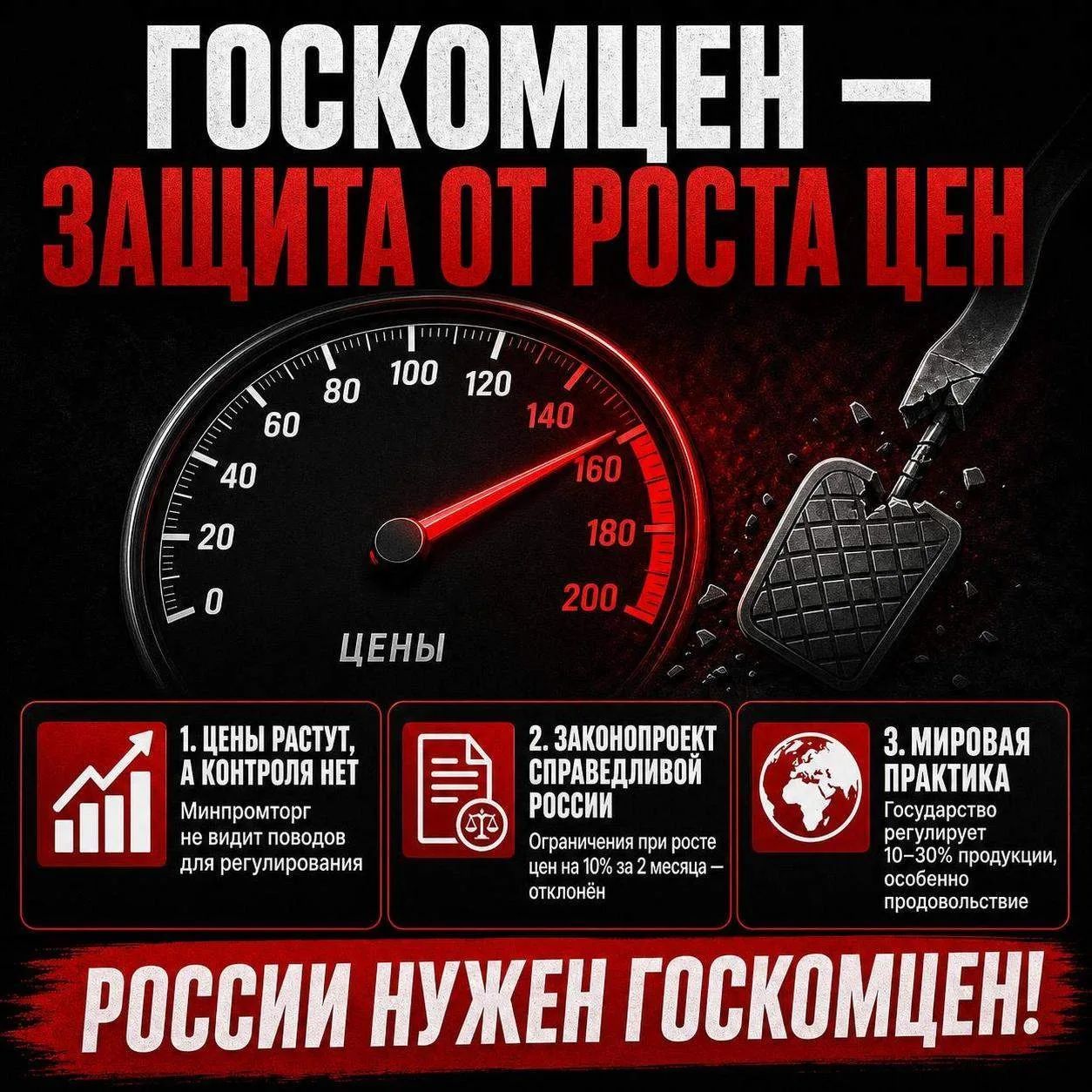 ГОСКОМЦЕН — ЗАЩИТА ОТ РОСТА ЦЕН ЦЕНЫ 1. ЦЕНЫ РАСТУТ, А КОНТРОЛЯ НЕТ Минпромторг не видит поводов для регулирования 2. ЗАКОНОПРОЕКТ СПРАВЕДЛИВОЙ РОССИИ Ограничения при росте цен на 10% за 2 месяца — отклонен 3. МИРОВАЯ ПРАКТИКА Государство регулирует 10-30% продукции, особенно продовольствие РОССИИ НУЖЕН ГОСКОМЦЕН!