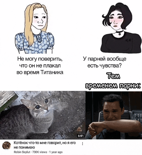 Не могу поверить, что он не плакал во время Титаника. У парней вообще есть чувства? Тем временем парни: Котёнок что-то мне говорит, но я его не понимаю.
