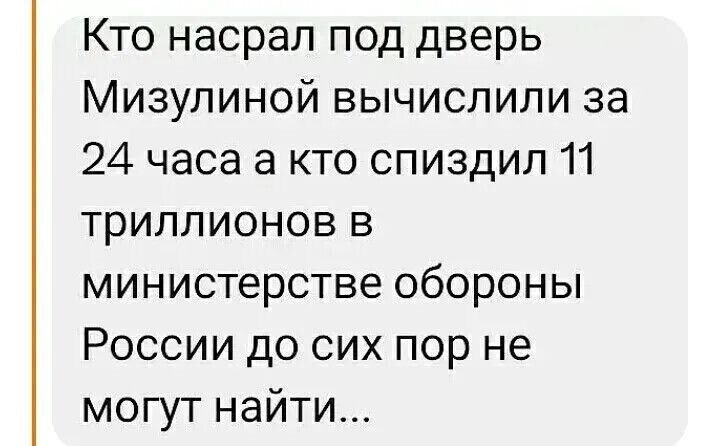 Кто насрал под дверь Мизулиной вычислили за 24 часа а кто спиздил 11 триллионов в министерстве обороны России до сих пор не могут найти...