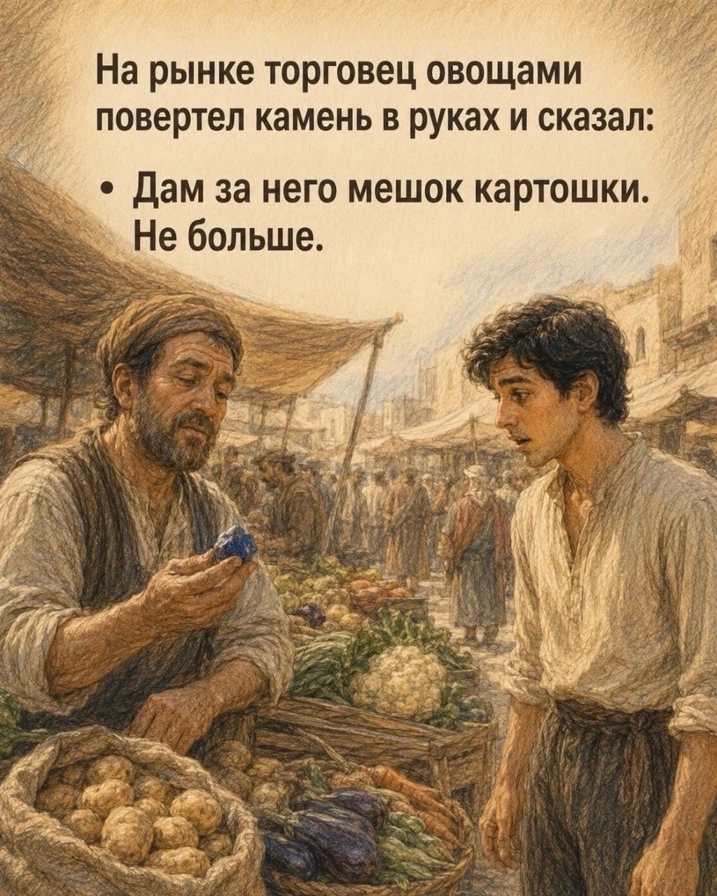 На рынке торговец овощами повертел камень в руках и сказал: Дам за него мешок картошки. Не больше.