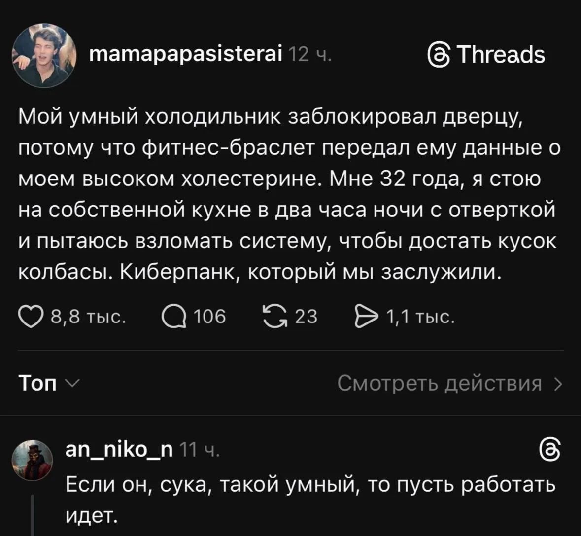 Мой умный холодильник заблокировал дверцу, потому что фитнес-браслет передал ему данные о моем высоком холестерине. Мне 32 года, я стою на собственной кухне в два часа ночи с отверткой и пытаюсь взломать систему, чтобы достать кусок колбасы. Киберпанк, который мы заслужили. Если он, сука, такой умный, то пусть работать идет.