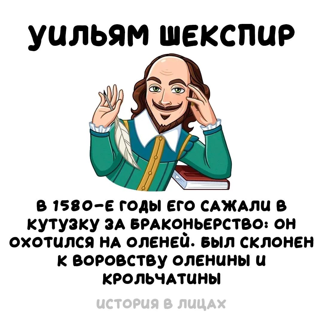 Уильям Шекспир. В 1580-е годы его сажали в кутузку за браконьерство: он охотился на оленей. Был склонен к воровству оленины и крольчатины. История в лицах.