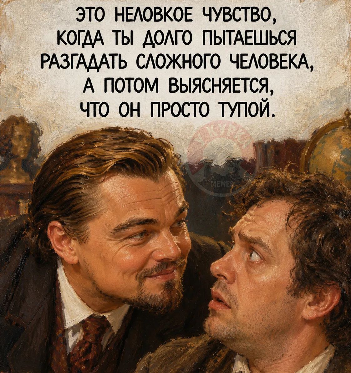 ЭТО НЕЛОВКОЕ ЧУВСТВО, КОГДА ТЫ ДОЛГО ПЫТАЕШЬСЯ РАЗГАДАТЬ СЛОЖНОГО ЧЕЛОВЕКА, А ПОТОМ ВЫЯСНЯЕТСЯ, ЧТО ОН ПРОСТО ТУПОЙ.