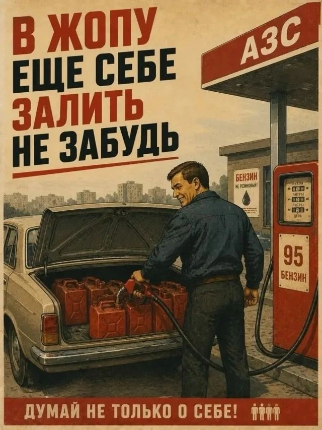 В жопу еще себе залить не забудь. АЗС. 95 Бензин. Бензин не резиновый! Думай не только о себе!