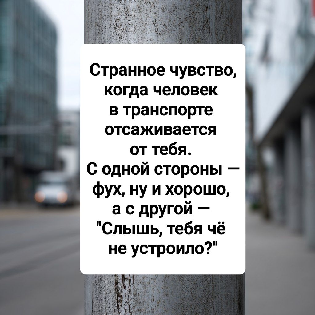Странное чувство, когда человек в транспорте отсаживается от тебя. С одной стороны — фух, ну и хорошо, а с другой — 