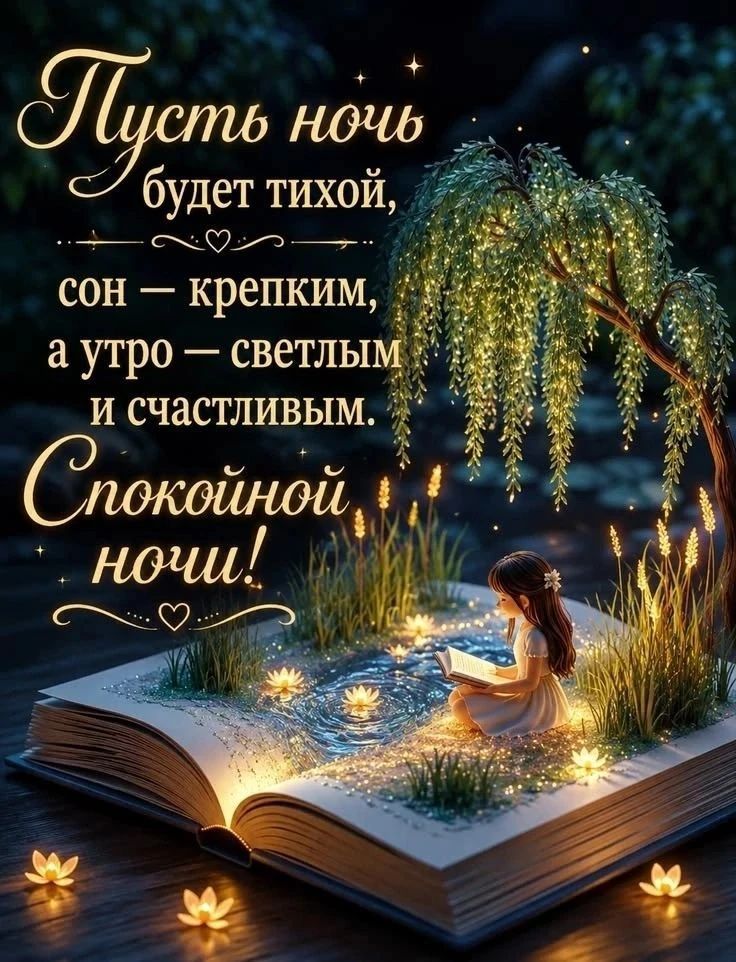 Пусть ночь будет тихой, сон — крепким, а утро — светлым и счастливым. Спокойной ночи!