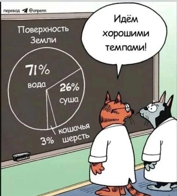 перевод @onpenn Поверхность Земли 71% вода 26% суша 3% кошачья шерсть Идём хорошими темпами!