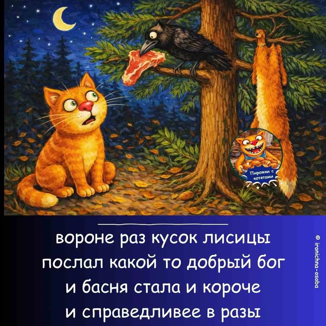 вороне раз кусок лисицы послал какой то добрый бог и басня стала и короче и справедливее в разы. Пирожки с котятами.