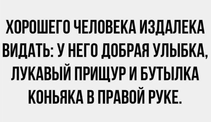 ХОРОШЕГО ЧЕЛОВЕКА ИЗДАЛЕКА ВИДАТЬ: У НЕГО ДОБРАЯ УЛЫБКА, ЛУКАВЫЙ ПРИЩУР И БУТЫЛКА КОНЬЯКА В ПРАВОЙ РУКЕ.
