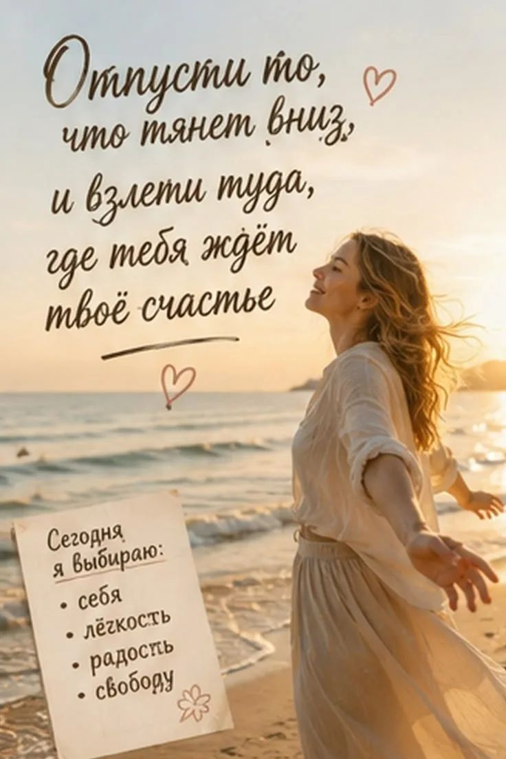 Отпусти то, что тянет вниз, и взлети туда, где тебя ждёт твоё счастье. Сегодня я выбираю: себя, лёгкость, радость, свободу.