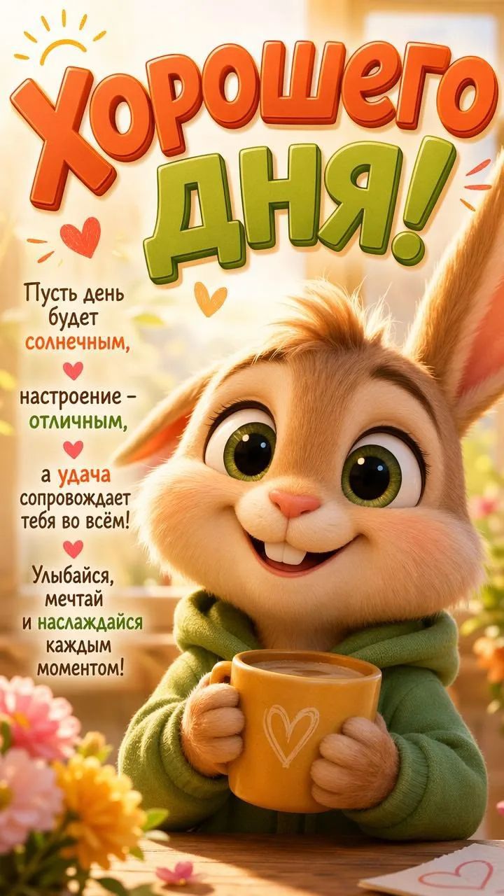 Хорошего дня! Пусть день будет солнечным, настроение - отличным, а удача сопровождает тебя во всём! Улыбайся, мечтай и наслаждайся каждым моментом!